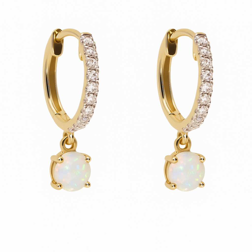 Gold hoop earrings with opal stones on a white background