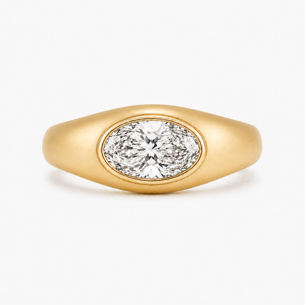 Relic Oval ring in satin-finish 14K gold with an east-west oval diamond, front view