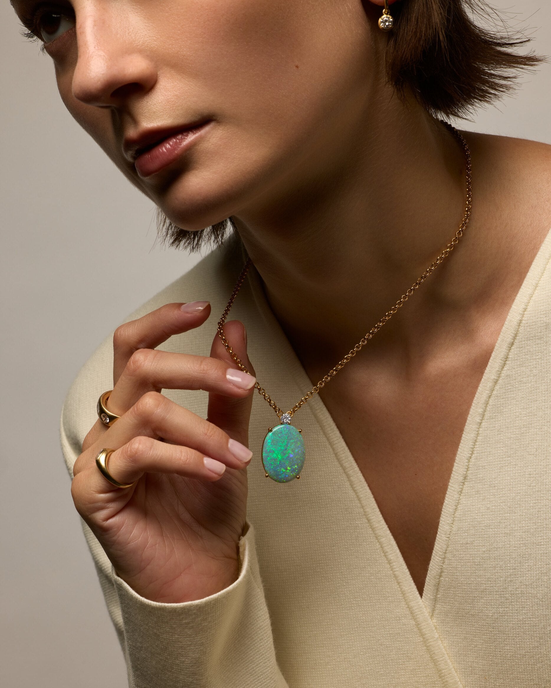 Australian opal pendant worn with a cream wrap