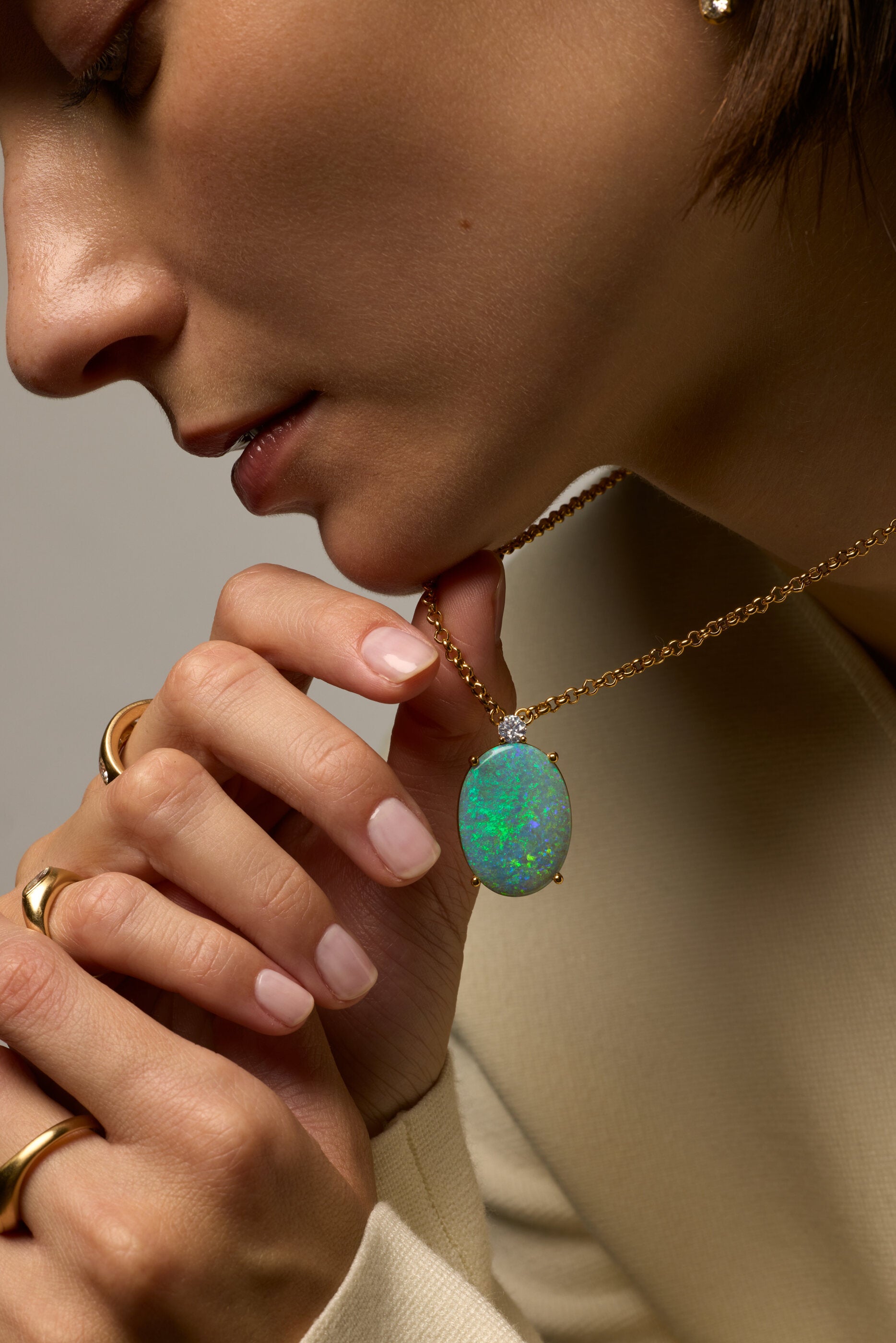 Australian opal pendant necklace, worn