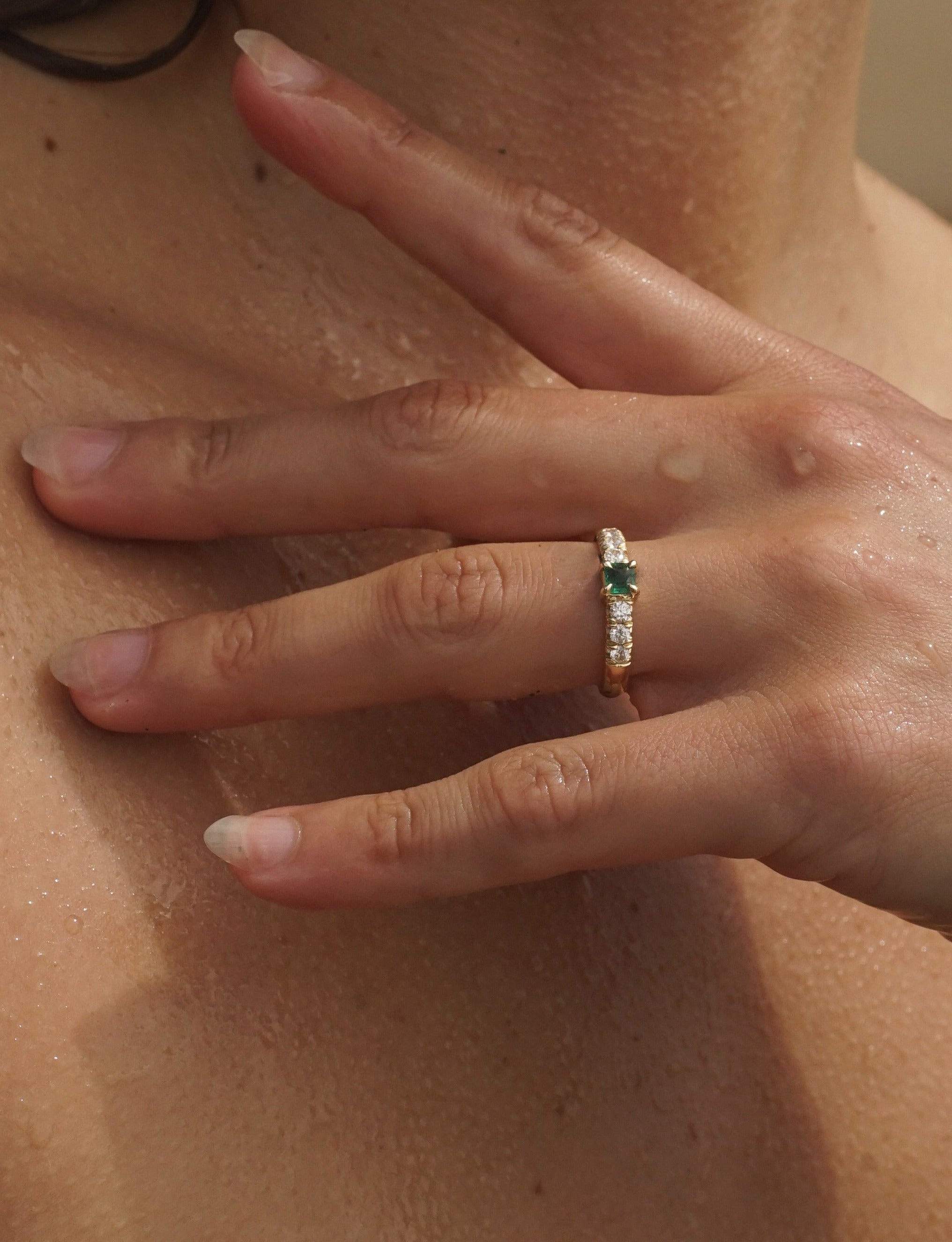 New! Emerald and Diamond French Pave Ring